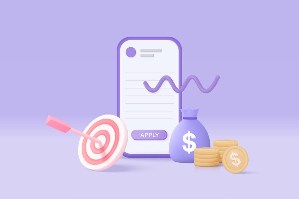 3D trading on smartphone isolated on purple background. Using funding business graph on application under creative solution concept in 3D vector.