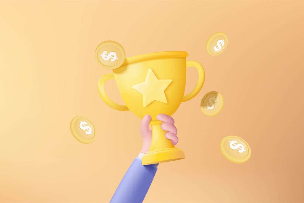 3d celebrate winners with golden cup and money coin, prize winners stars in holding hand. Award ceremony with cartoon style.