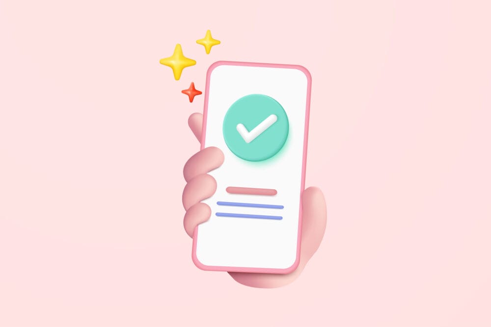 3d check mark icon isolated on mobile phone in holding hand. check list button best choice for right, success, tick, accept, agree on application.