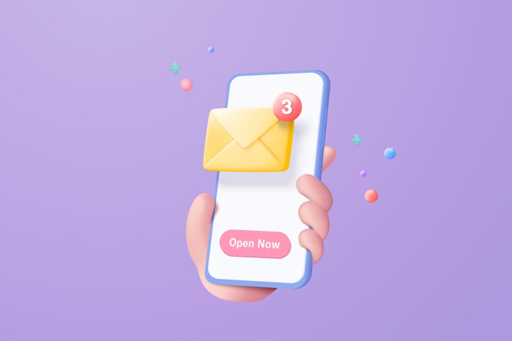 3d mail envelope icon with notification new message in hand holding smartphone. Minimal email letter with letter paper read icon.