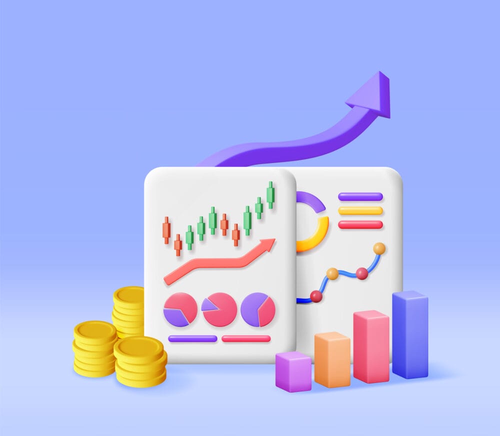 3D Financial Reports with Cash Money and Chart. Render Stock Pie Shows Growth. Financial Data Analysis, Business Research, Financial Market Trade.