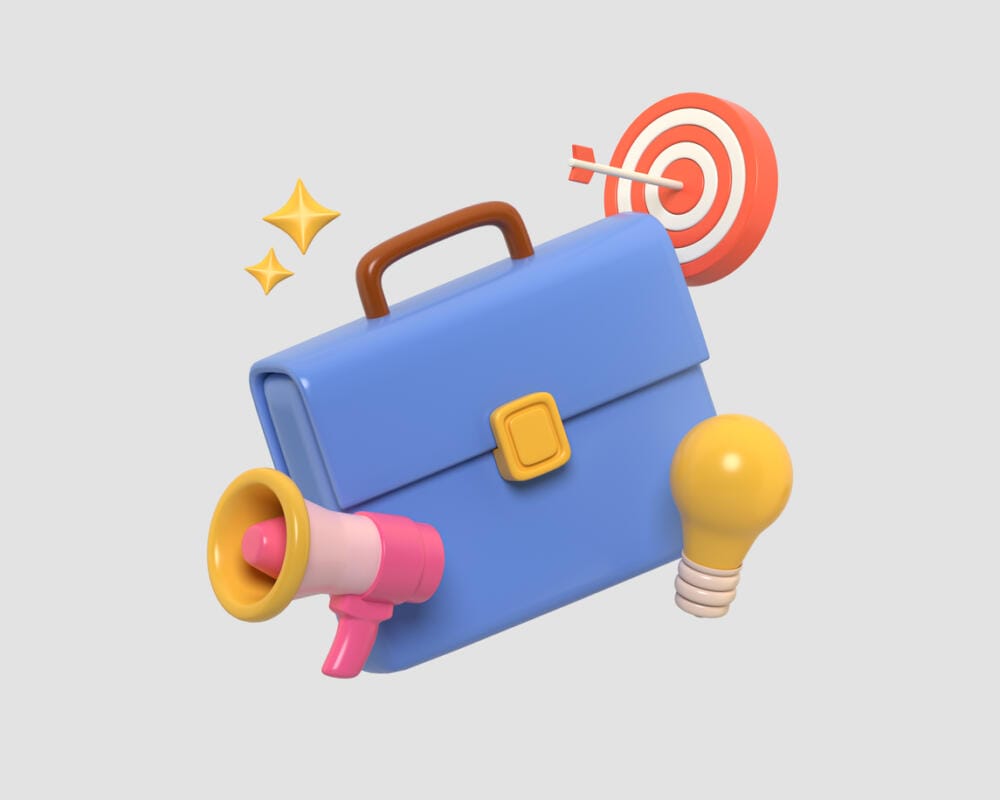 Blue briefcase illustration with a target, light bulb, and megaphone