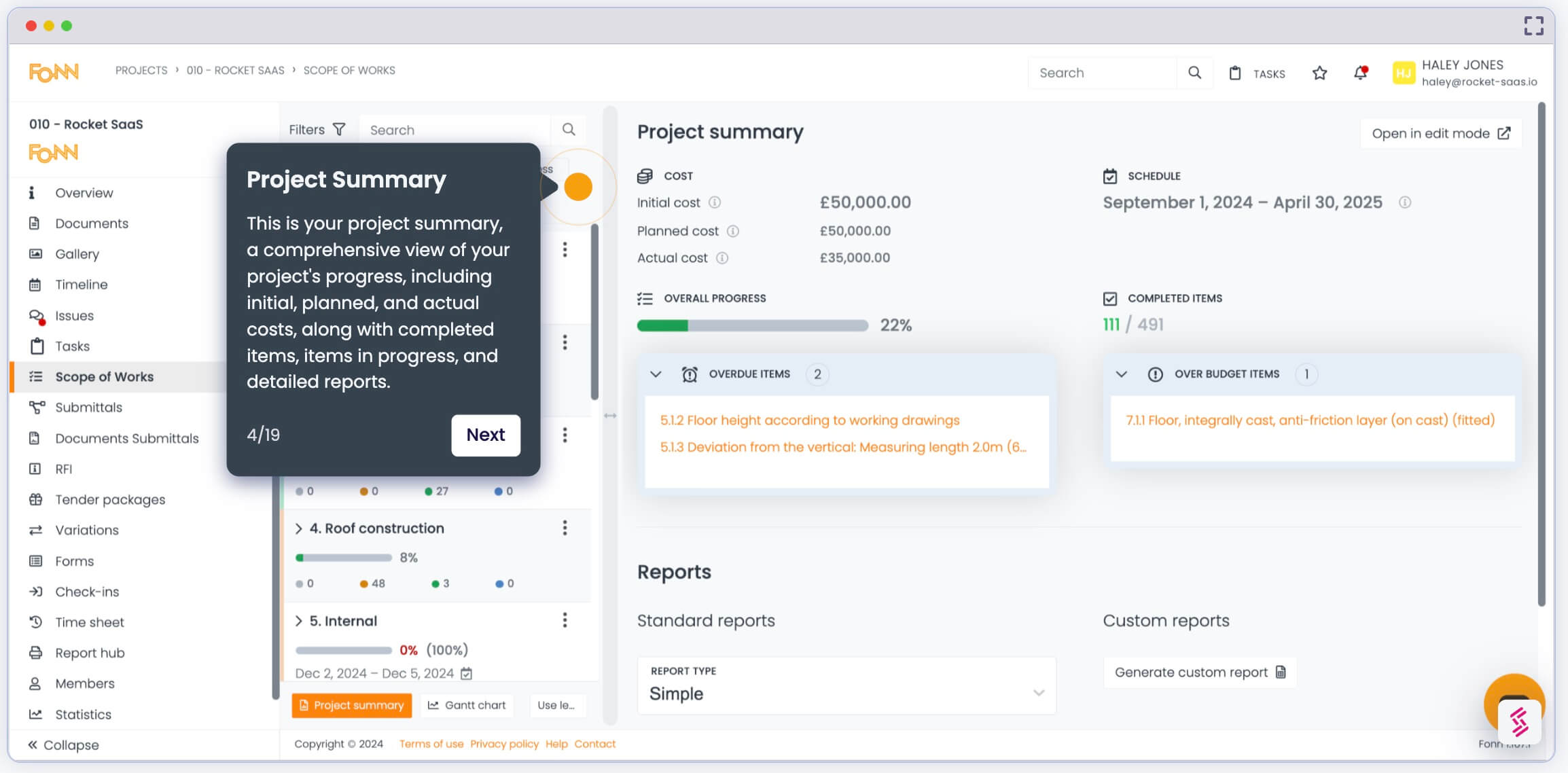 Screenshot of Fonn app deashboard