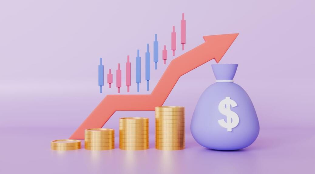 Trading investment bag money and coin stack, stock market and candlestick chart rising, business trading and arrow growth concept