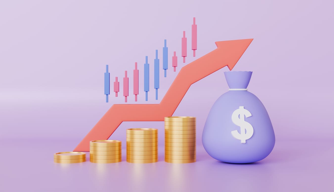 Trading investment bag money and coin stack, stock market and candlestick chart rising, business trading and arrow growth concept