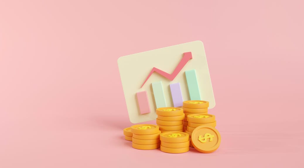 illustration - "pile of dollar gold coins and growing graph bar on pink background minimalist style."